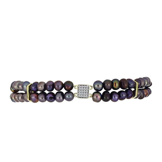 Pulseira de Prata com Banho de Ouro com Pérola Preta de Água Doce e Topázio Branco  Contraste: Cabeca de Veado (800)
