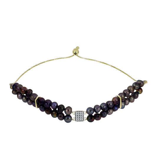 Pulseira de Prata com Banho de Ouro com Pérola Preta de Água Doce e Topázio Branco  Contraste: Cabeca de Veado (800)