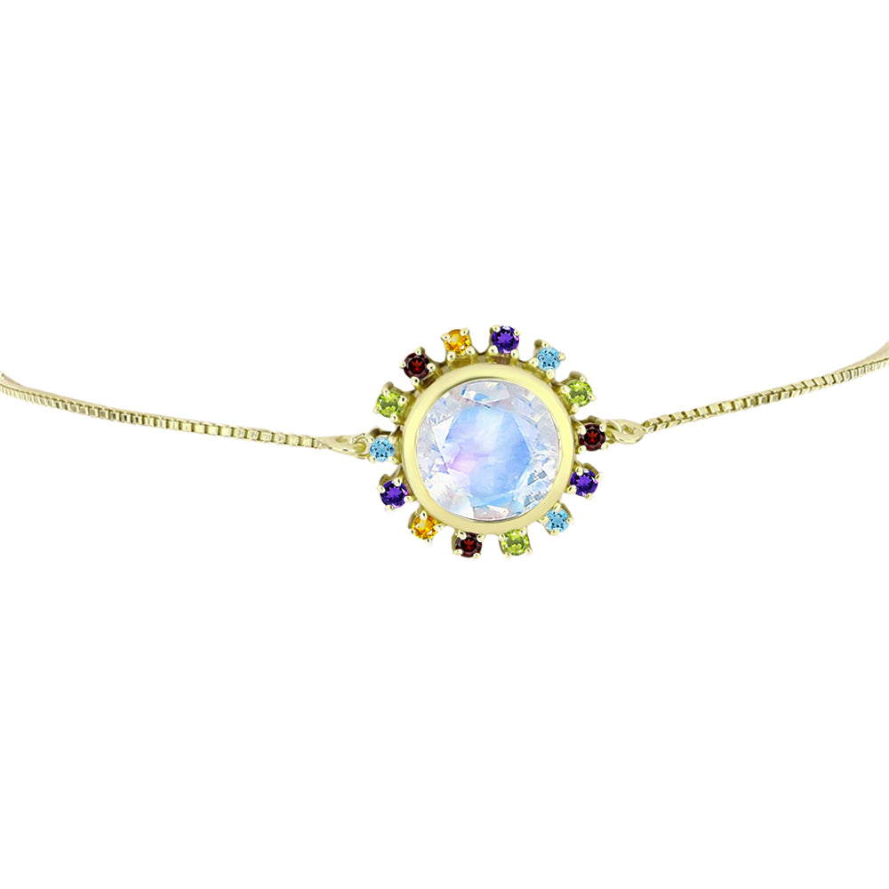 Pulseira de Prata com Banho de Ouro com Pedra da Lua Arco-íris e Ametista de Marrocos  Contraste: Cabeca de Veado (800)