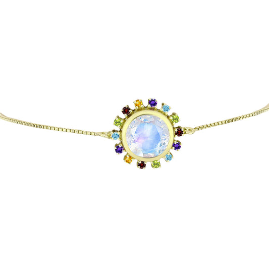 Pulseira de Prata com Banho de Ouro com Pedra da Lua Arco-íris e Ametista de Marrocos  Contraste: Cabeca de Veado (800)