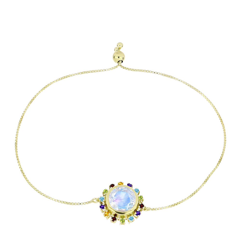 Pulseira de Prata com Banho de Ouro com Pedra da Lua Arco-íris e Ametista de Marrocos  Contraste: Cabeca de Veado (800)