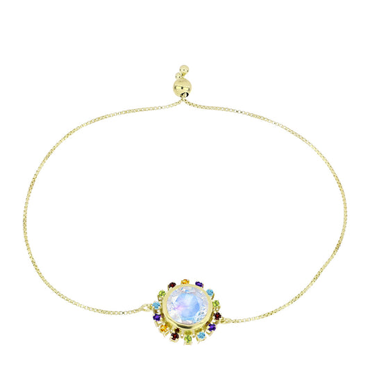 Pulseira de Prata com Banho de Ouro com Pedra da Lua Arco-íris e Ametista de Marrocos  Contraste: Cabeca de Veado (800)