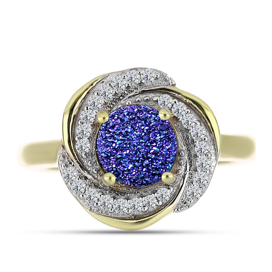 Anel de Prata com Banho de Ouro com Drusy Roxo e Topázio Branco  Contraste: Cabeca de Veado (800)