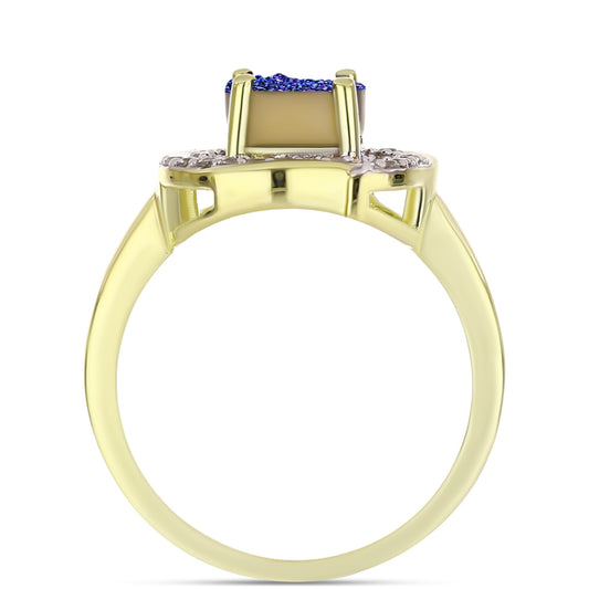 Anel de Prata com Banho de Ouro com Drusy Roxo e Topázio Branco  Contraste: Cabeca de Veado (800)