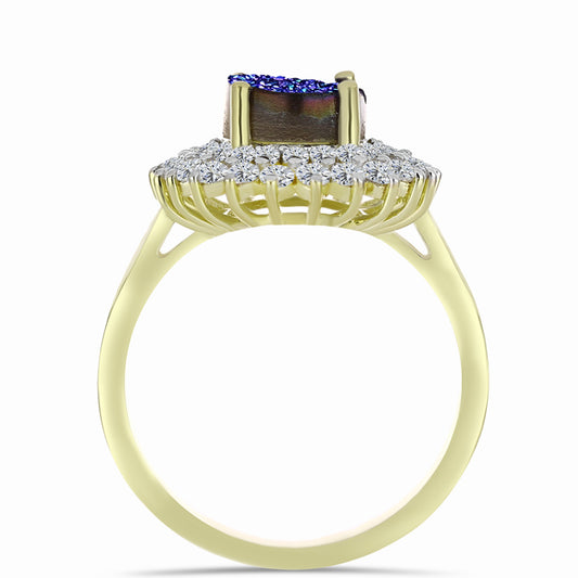 Anel de Prata com Banho de Ouro com Drusy Roxo e Topázio Branco  Contraste: Cabeca de Veado (800)