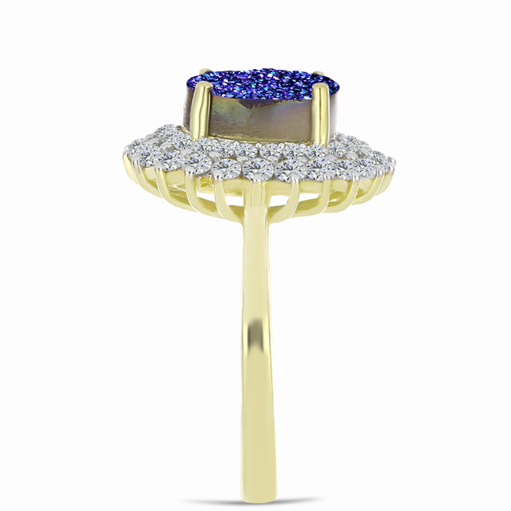 Anel de Prata com Banho de Ouro com Drusy Roxo e Topázio Branco  Contraste: Cabeca de Veado (800)