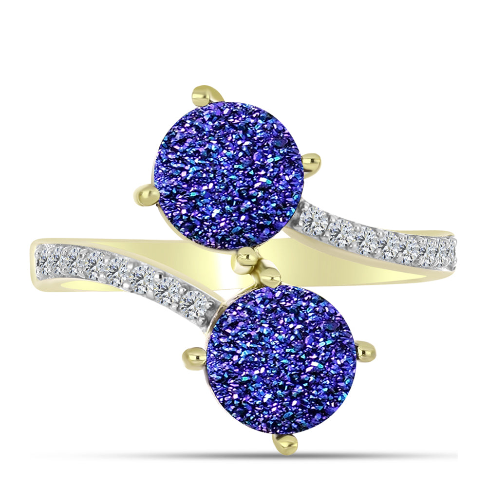 Anel de Prata com Banho de Ouro com Drusy Roxo e Topázio Branco  Contraste: Cabeca de Veado (800) 1 