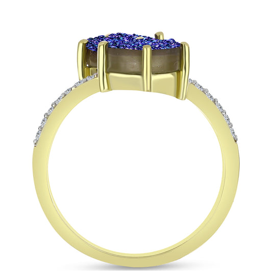 Anel de Prata com Banho de Ouro com Drusy Roxo e Topázio Branco  Contraste: Cabeca de Veado (800)