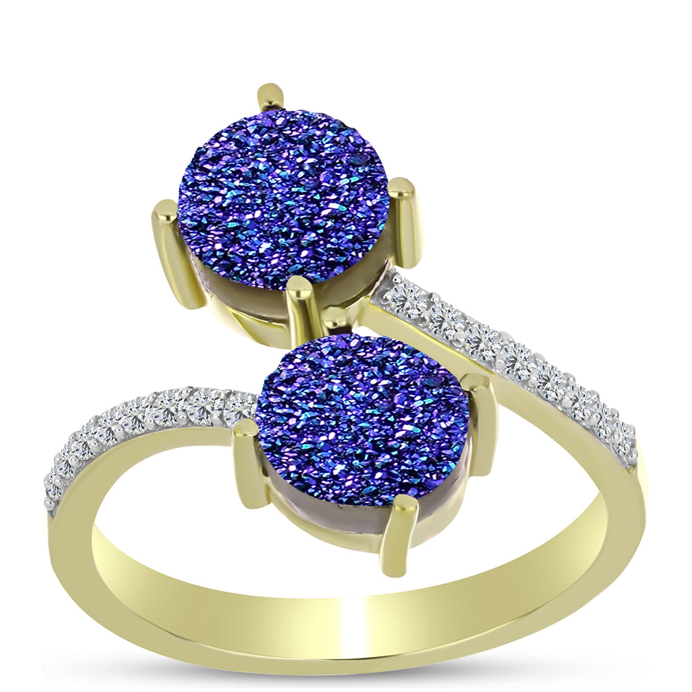 Anel de Prata com Banho de Ouro com Drusy Roxo e Topázio Branco  Contraste: Cabeca de Veado (800) 3 