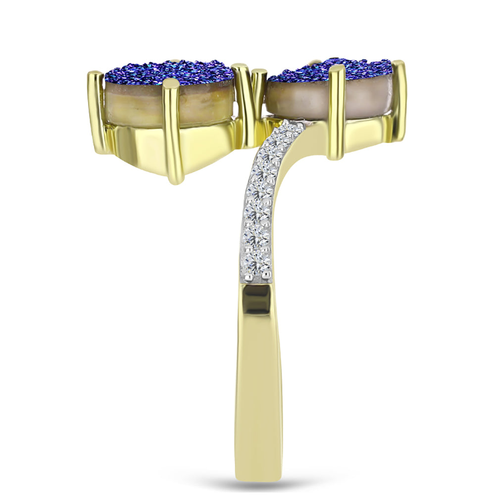 Anel de Prata com Banho de Ouro com Drusy Roxo e Topázio Branco  Contraste: Cabeca de Veado (800)