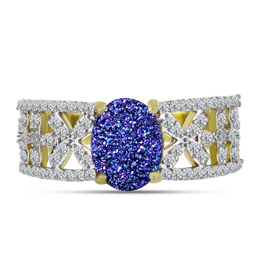Anel de Prata com Banho de Ouro com Drusy Roxo e Topázio Branco  Contraste: Cabeca de Veado (800)