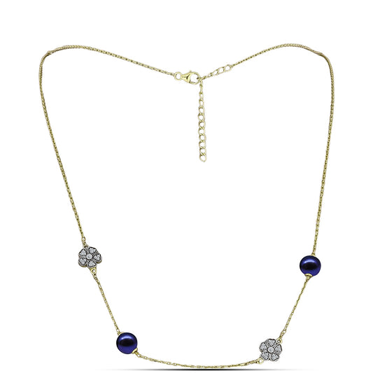 Colar de Prata com Banho de Ouro com Pérola Preta de Água Doce e Topázio Branco  Contraste: Cabeca de Veado (800)