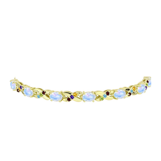 Pulseira de Prata com Banho de Ouro com Pedra da Lua Arco-íris e Ametista de Marrocos  Contraste: Cabeca de Veado (800)