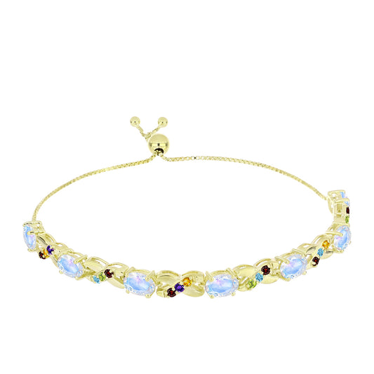 Pulseira de Prata com Banho de Ouro com Pedra da Lua Arco-íris e Ametista de Marrocos  Contraste: Cabeca de Veado (800)