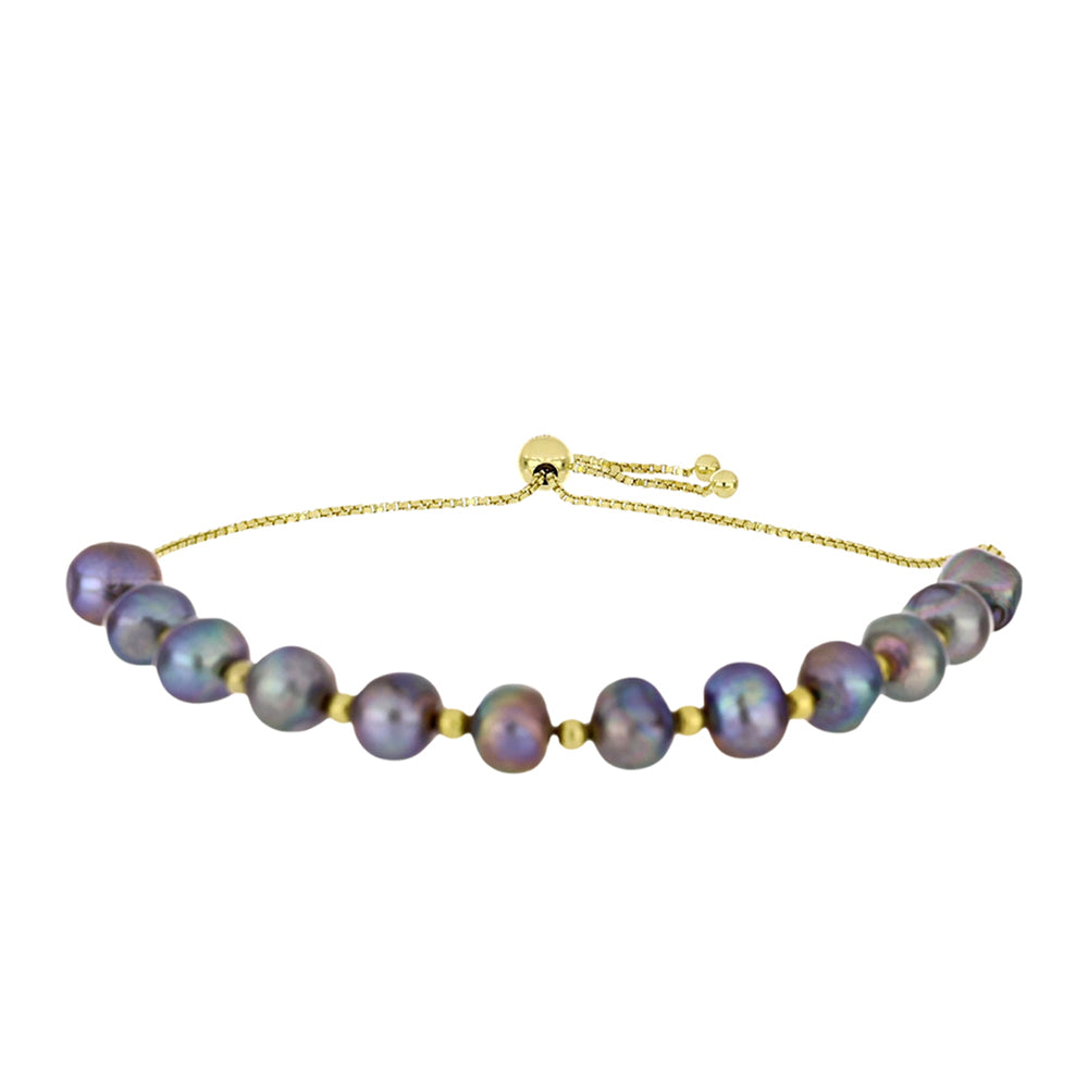 Pulseira de Prata com Banho de Ouro com Pérola Preta de Água Doce