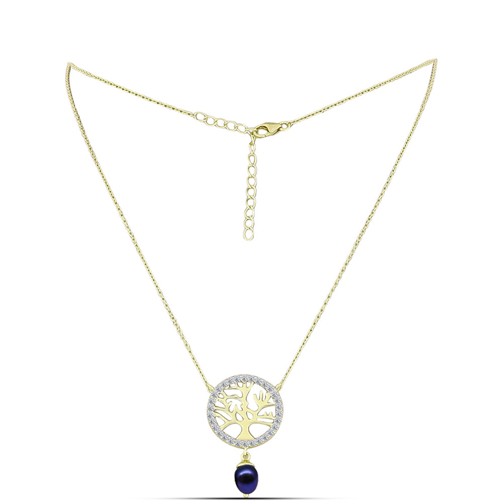 Colar de Prata com Banho de Ouro com Pérola Preta de Água Doce e Topázio Branco  Contraste: Cabeca de Veado (800)