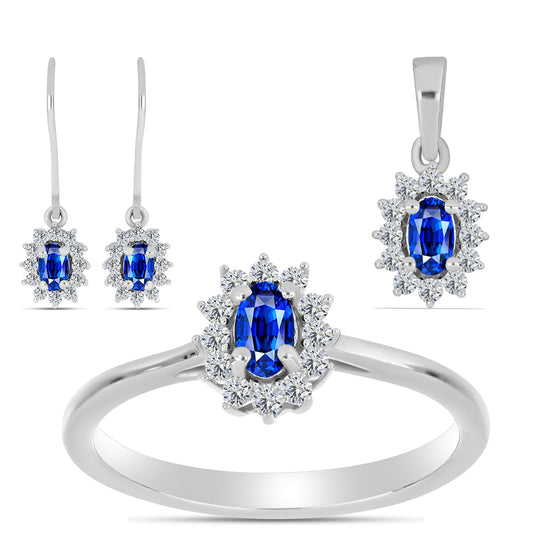 Conjunto de Prata com Safira Azul Australiana e Topázio Branco ( Brincos+Anel+Pendente )  Contraste: Cabeca de Veado (800)