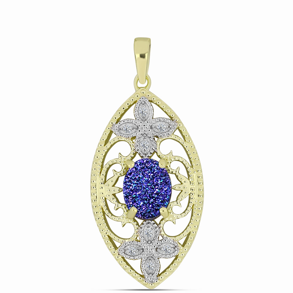 Pendente de Prata com Banho de Ouro com Drusy Roxo e Topázio Branco  Contraste: Cabeca de Veado (800) 1 