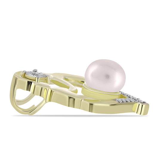 Pendente de Prata com Banho de Ouro com Diamante Branco e Pérola Branca de Água Doce