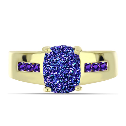 Anel de Prata com Banho de Ouro com Drusy Roxo e Ametista de Marrocos  Contraste: Cabeca de Veado (800)