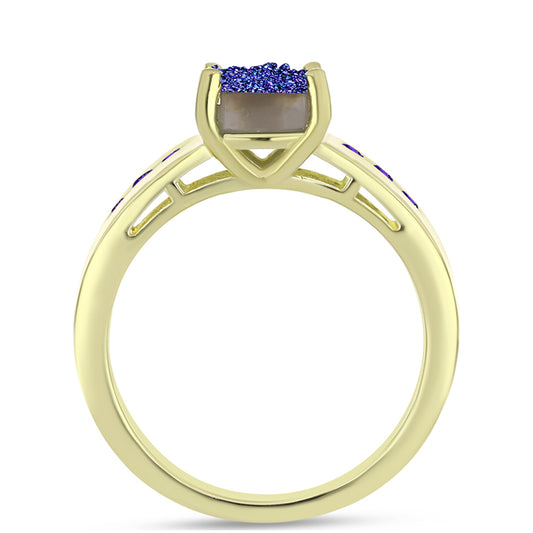 Anel de Prata com Banho de Ouro com Drusy Roxo e Ametista de Marrocos  Contraste: Cabeca de Veado (800)