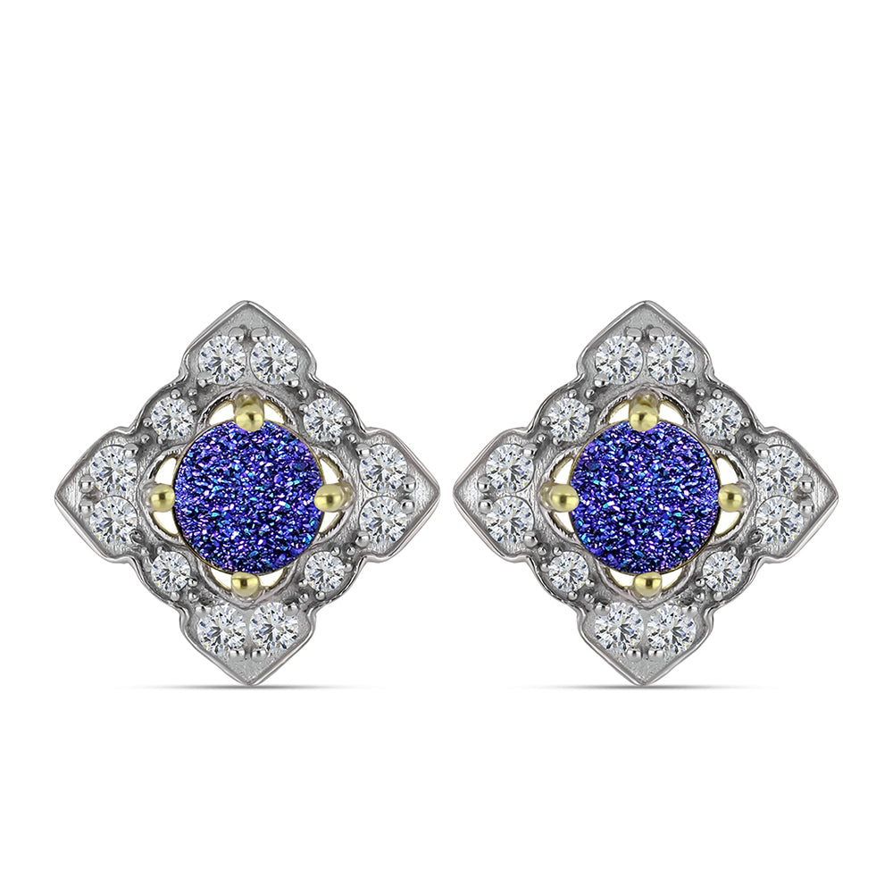 Brincos de Prata com Banho de Ouro com Drusy Roxo e Topázio Branco 1 