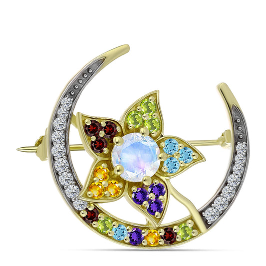 Alfinete de Prata com Banho de Ouro com Pedra da Lua Arco-íris e Ametista de Marrocos  Contraste: Cabeca de Veado (800)