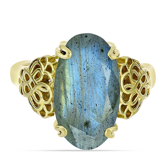 Anel de Prata com Banho de Ouro com Labradorite  Contraste: Cabeca de Veado (800)