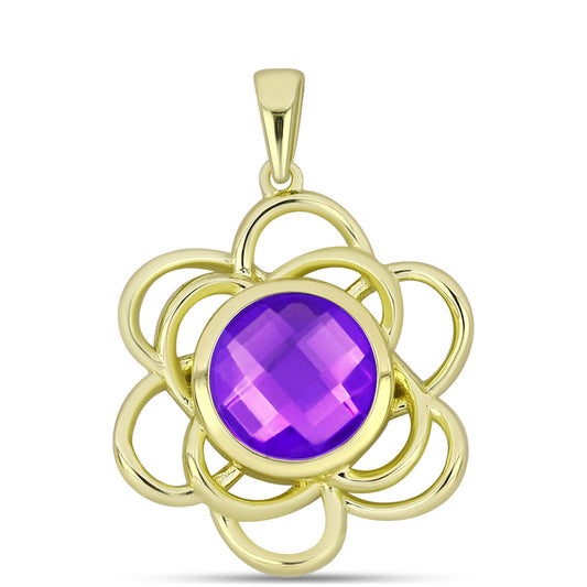 Pendente de Prata com Banho de Ouro com Ágata Roxa  Contraste: Cabeca de Veado (800)