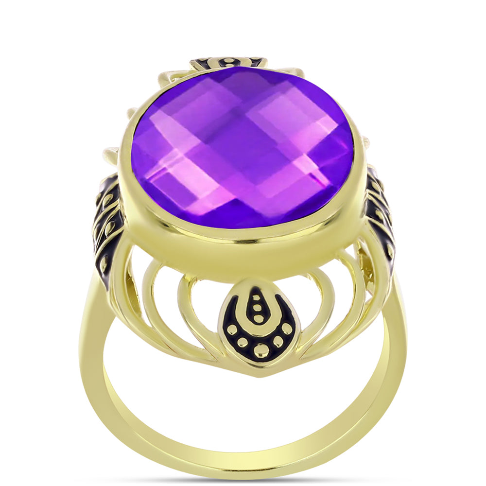 Anel de Prata com Banho de Ouro com Ágata Roxa  Contraste: Cabeca de Veado (800) 3 