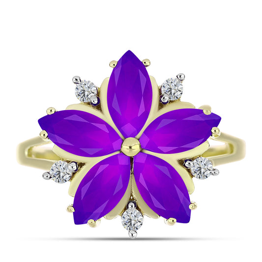 Anel de Prata com Banho de Ouro com Ágata Roxa e Topázio Branco  Contraste: Cabeca de Veado (800)