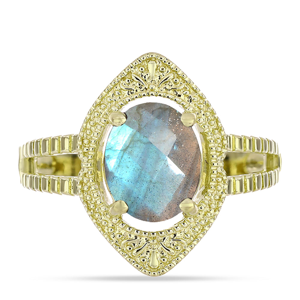 Anel de Prata com Banho de Ouro com Labradorite  Contraste: Cabeca de Veado (800) 1 