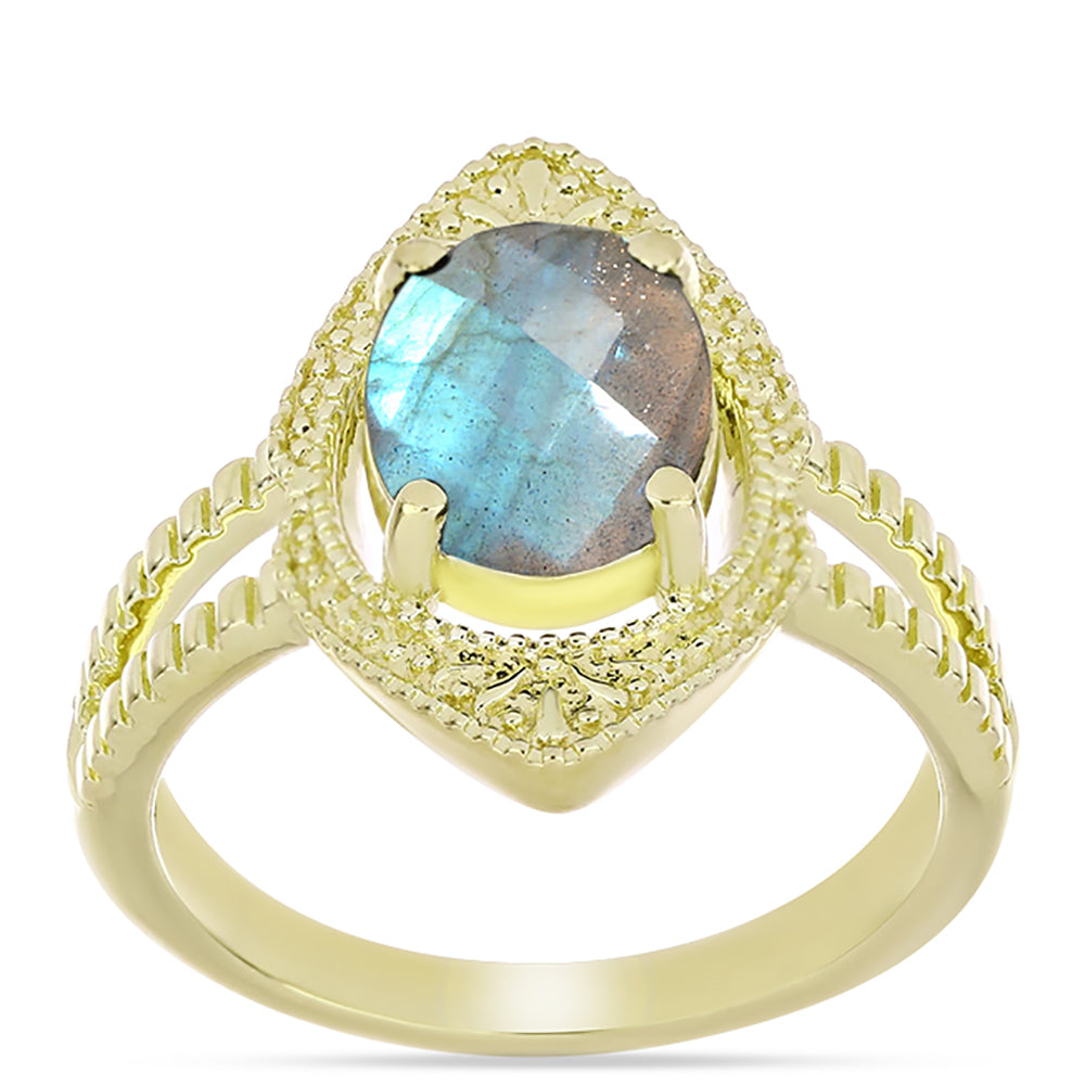 Anel de Prata com Banho de Ouro com Labradorite  Contraste: Cabeca de Veado (800)