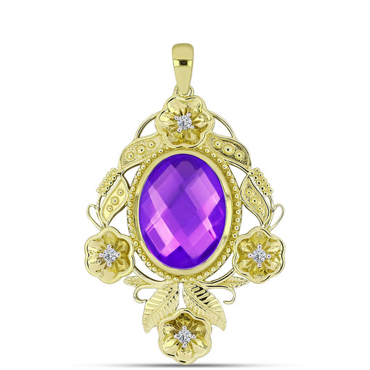 Pendente de Prata com Banho de Ouro com Ágata Roxa e Topázio Branco  Contraste: Cabeca de Veado (800)