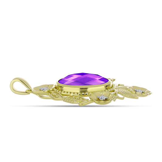 Pendente de Prata com Banho de Ouro com Ágata Roxa e Topázio Branco  Contraste: Cabeca de Veado (800)