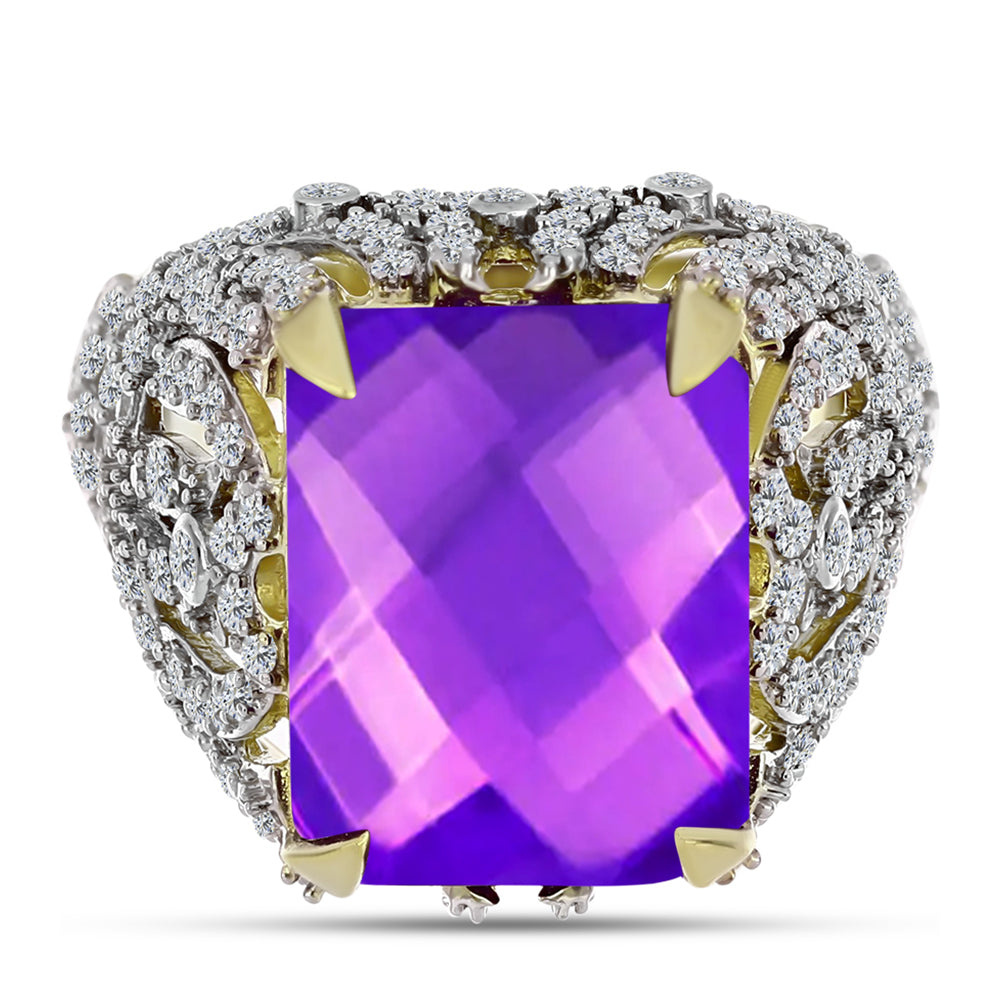 Anel de Prata com Banho de Ouro com Ágata Roxa e Topázio Branco  Contraste: Cabeca de Veado (800) 1 