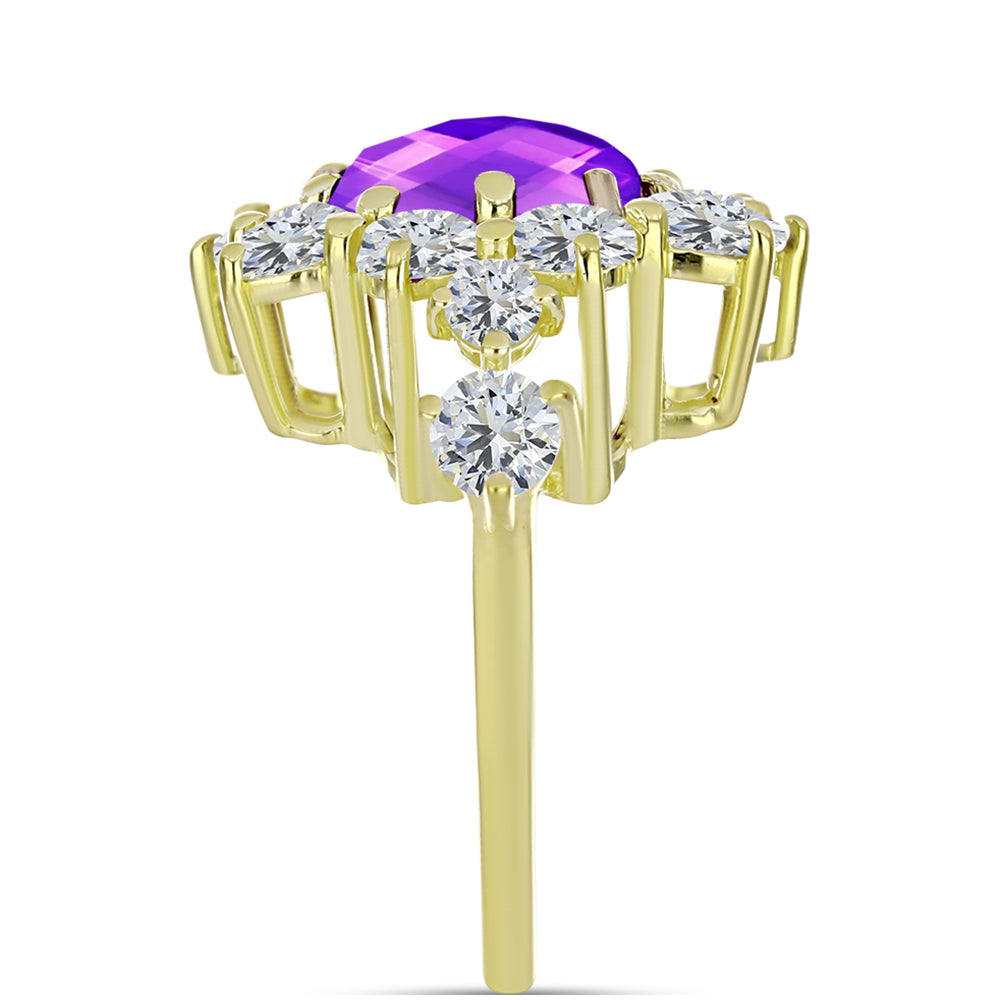 Anel de Prata com Banho de Ouro com Ágata Roxa e Topázio Branco  Contraste: Cabeca de Veado (800)