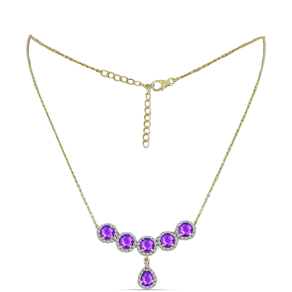Colar de Prata com Banho de Ouro com Ágata Roxa e Topázio Branco  Contraste: Cabeca de Veado (800) 1 