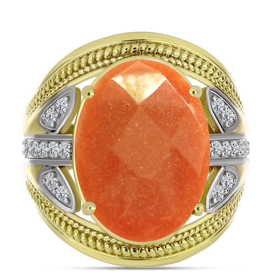 Anel de Prata com Banho de Ouro com Pedra do Sol de Oregon e Topázio Branco  Contraste: Cabeca de Veado (800)
