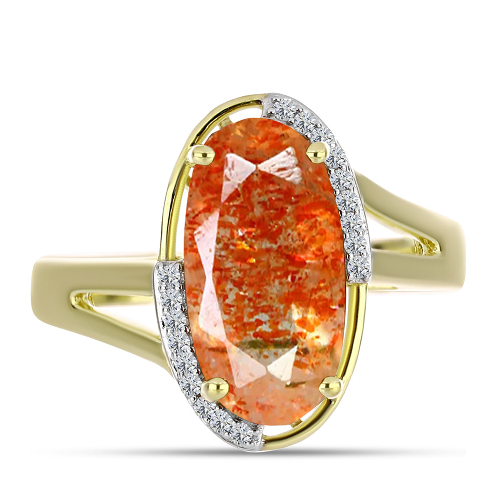 Anel de Prata com Banho de Ouro com Pedra do Sol de Oregon e Topázio Branco  Contraste: Cabeca de Veado (800)
