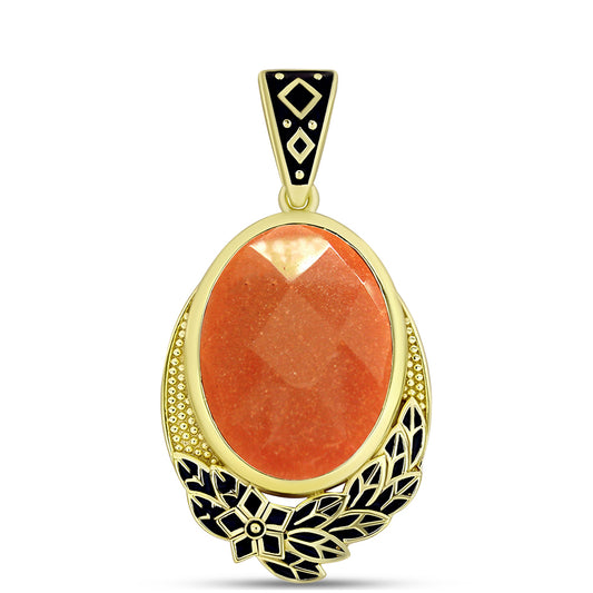 Pendente de Prata com Banho de Ouro com Pedra do Sol de Oregon  Contraste: Cabeca de Veado (800)