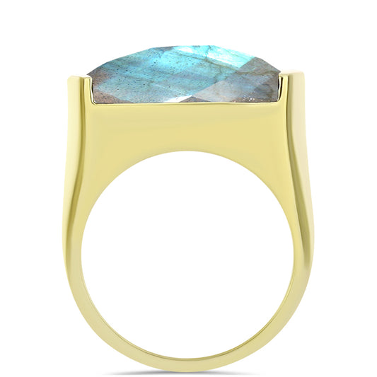 Anel de Prata com Banho de Ouro com Labradorite  Contraste: Cabeca de Veado (800)