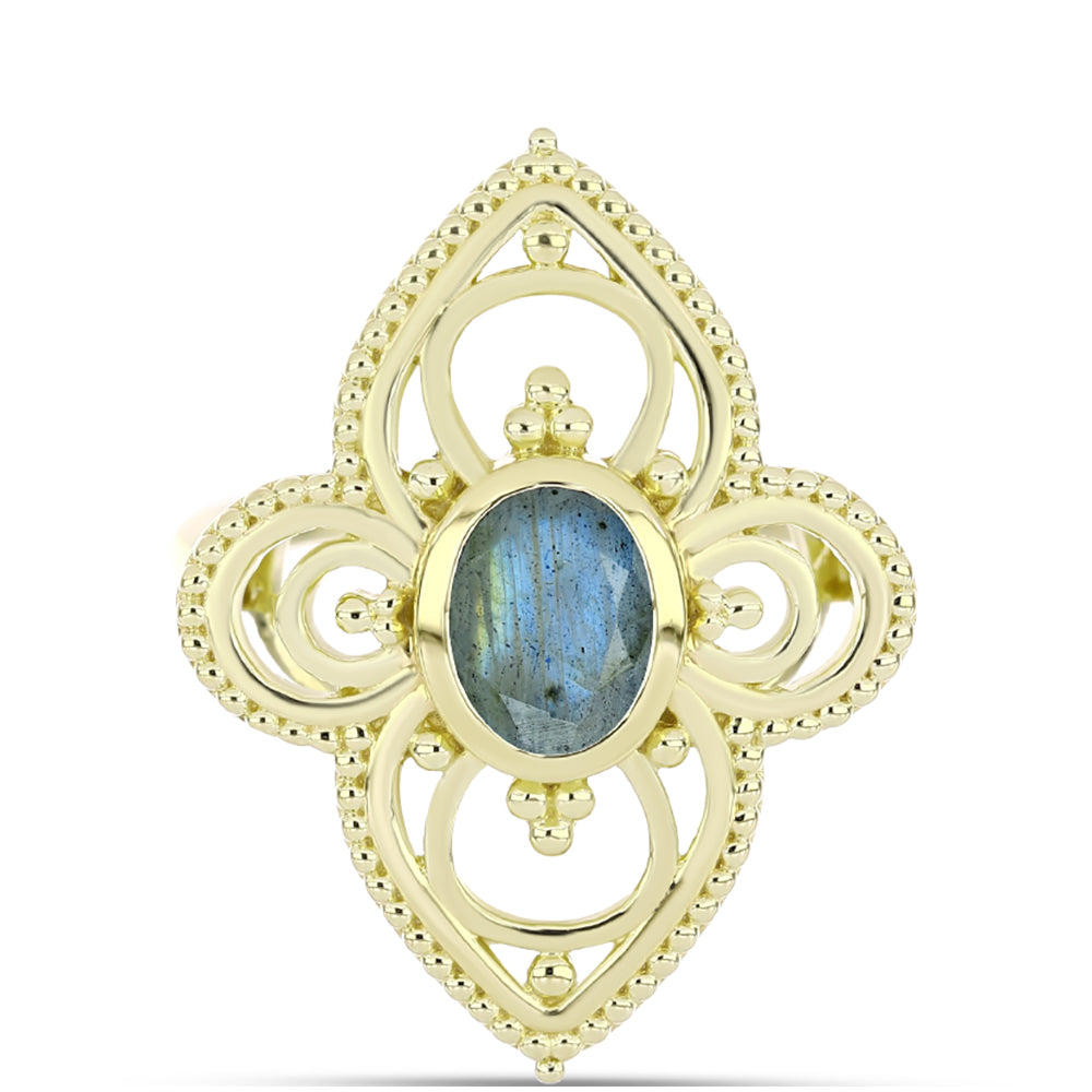 Anel de Prata com Banho de Ouro com Labradorite  Contraste: Cabeca de Veado (800)