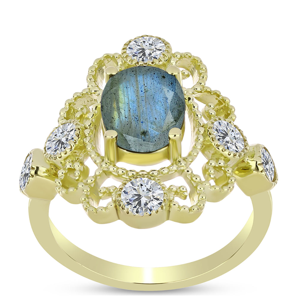Anel de Prata com Banho de Ouro com Labradorite e Topázio Branco  Contraste: Cabeca de Veado (800) 3 