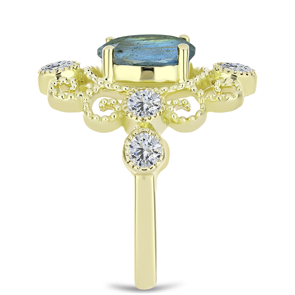 Anel de Prata com Banho de Ouro com Labradorite e Topázio Branco  Contraste: Cabeca de Veado (800)
