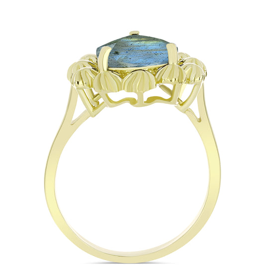 Anel de Prata com Banho de Ouro com Labradorite  Contraste: Cabeca de Veado (800)