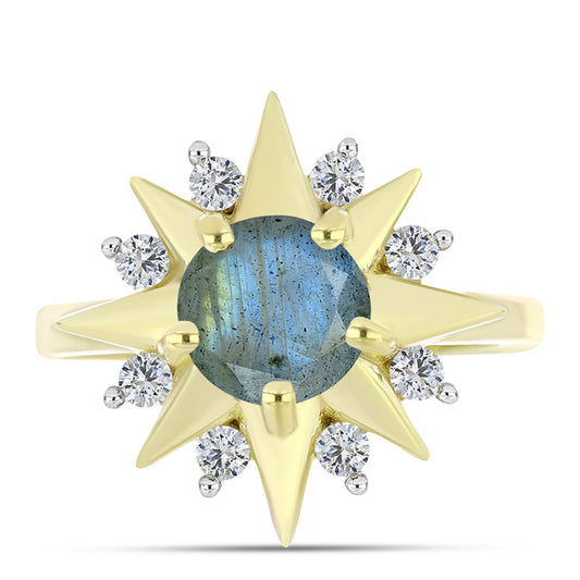 Anel de Prata com Banho de Ouro com Labradorite e Topázio Branco  Contraste: Cabeca de Veado (800)