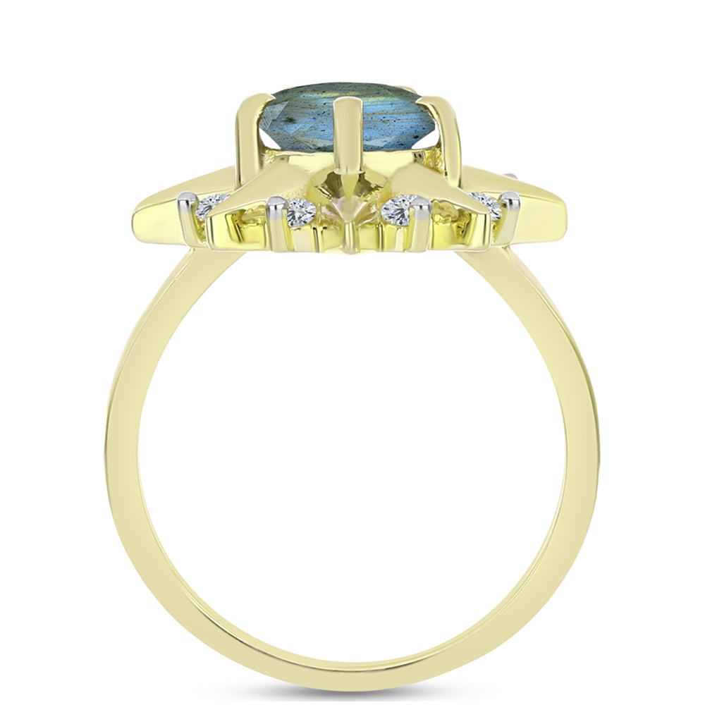 Anel de Prata com Banho de Ouro com Labradorite e Topázio Branco  Contraste: Cabeca de Veado (800) 2 