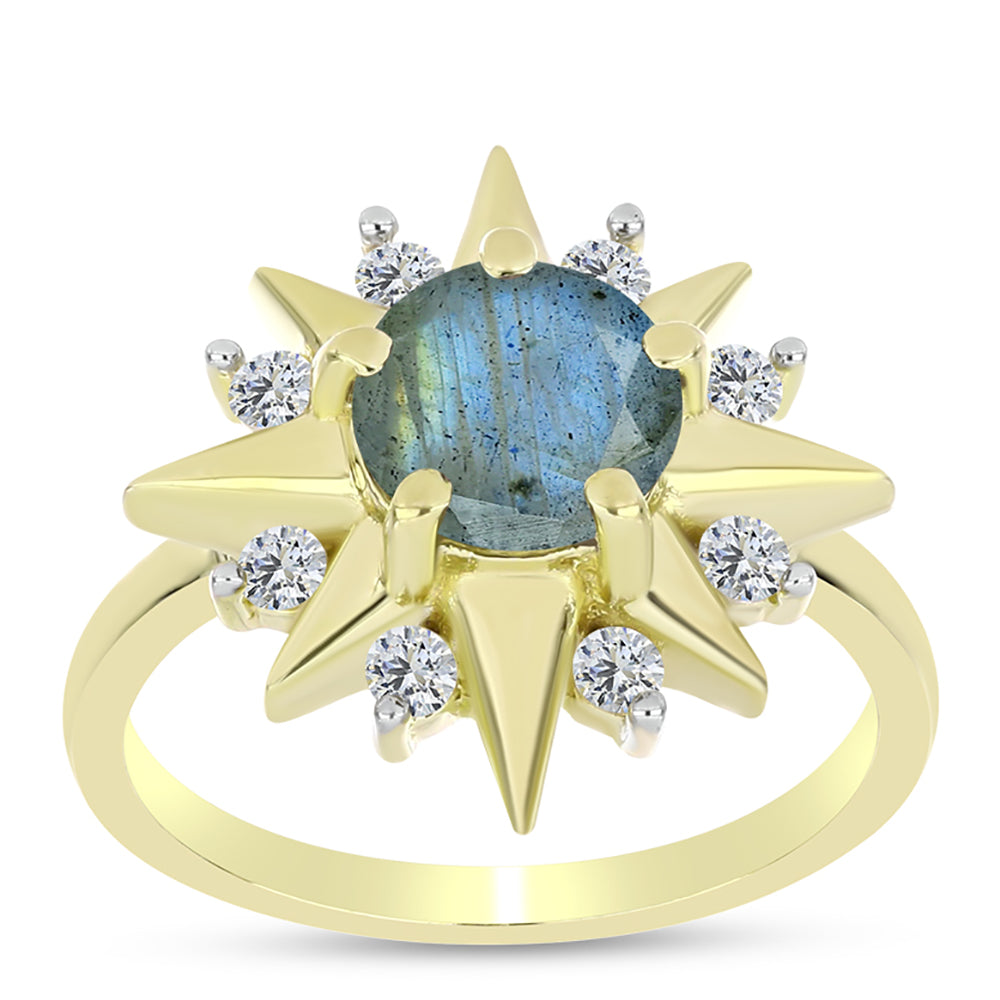 Anel de Prata com Banho de Ouro com Labradorite e Topázio Branco  Contraste: Cabeca de Veado (800) 3 
