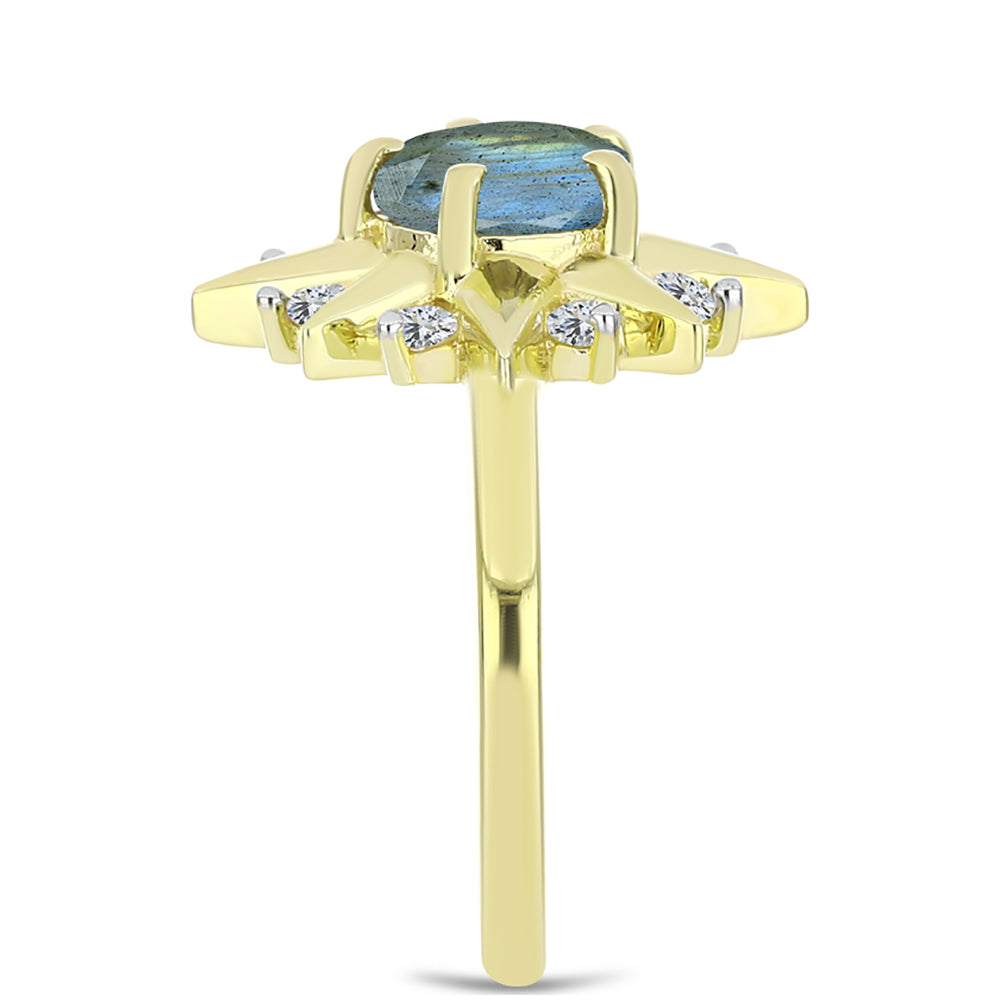 Anel de Prata com Banho de Ouro com Labradorite e Topázio Branco  Contraste: Cabeca de Veado (800)